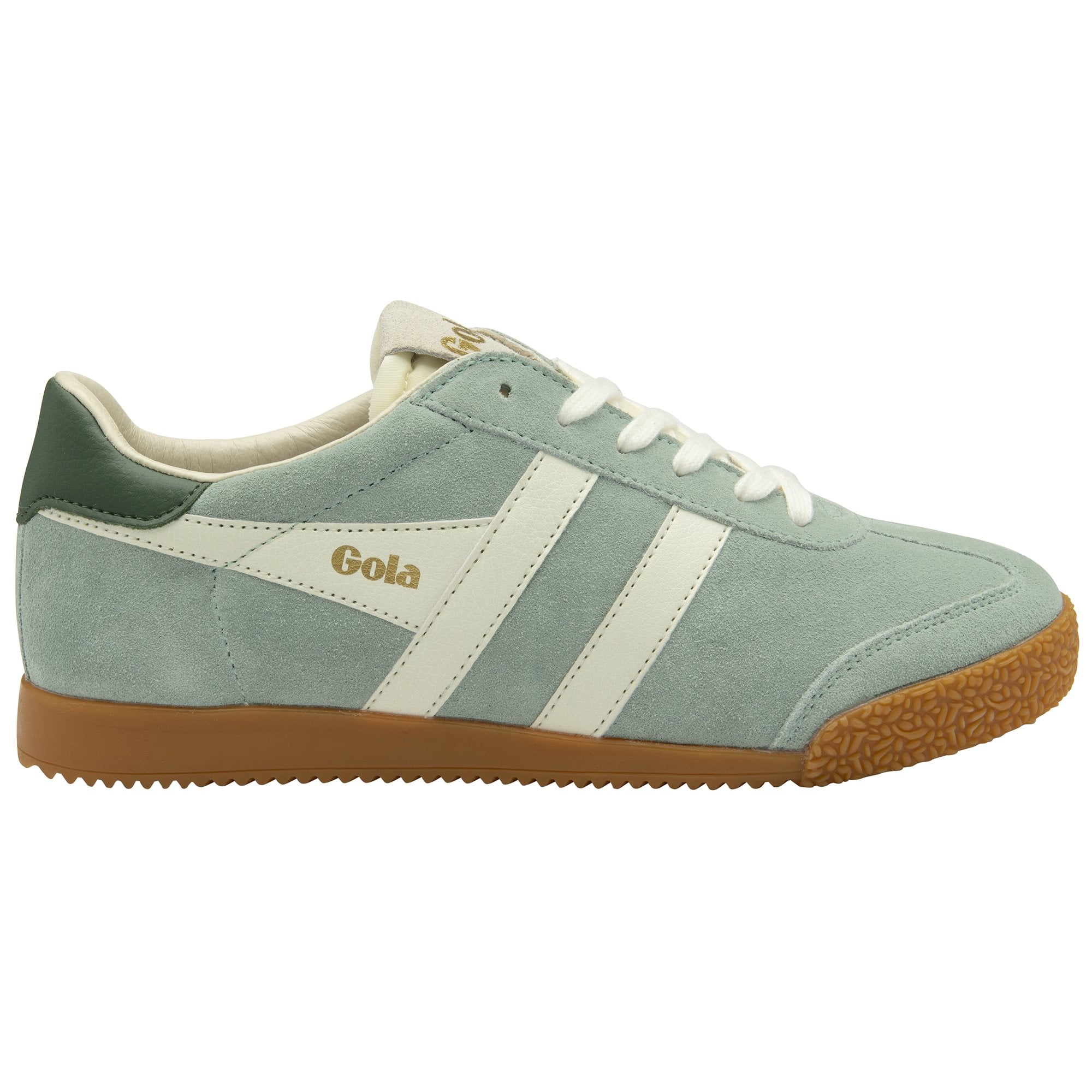 A pale blue suede Gola trainer with white stripes and a brown sole, viewed from the side.