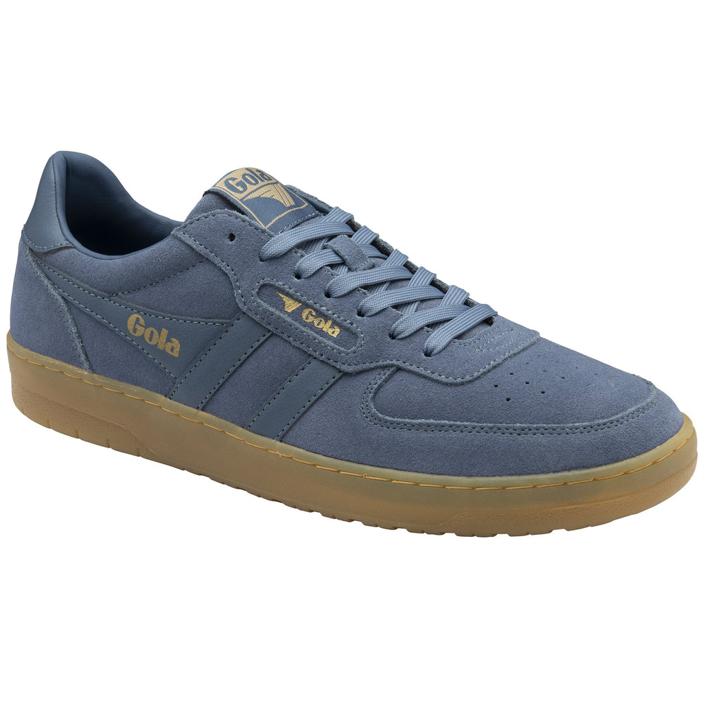 Angled side view of a single Gola men's sneaker in blue with a gum sole.
