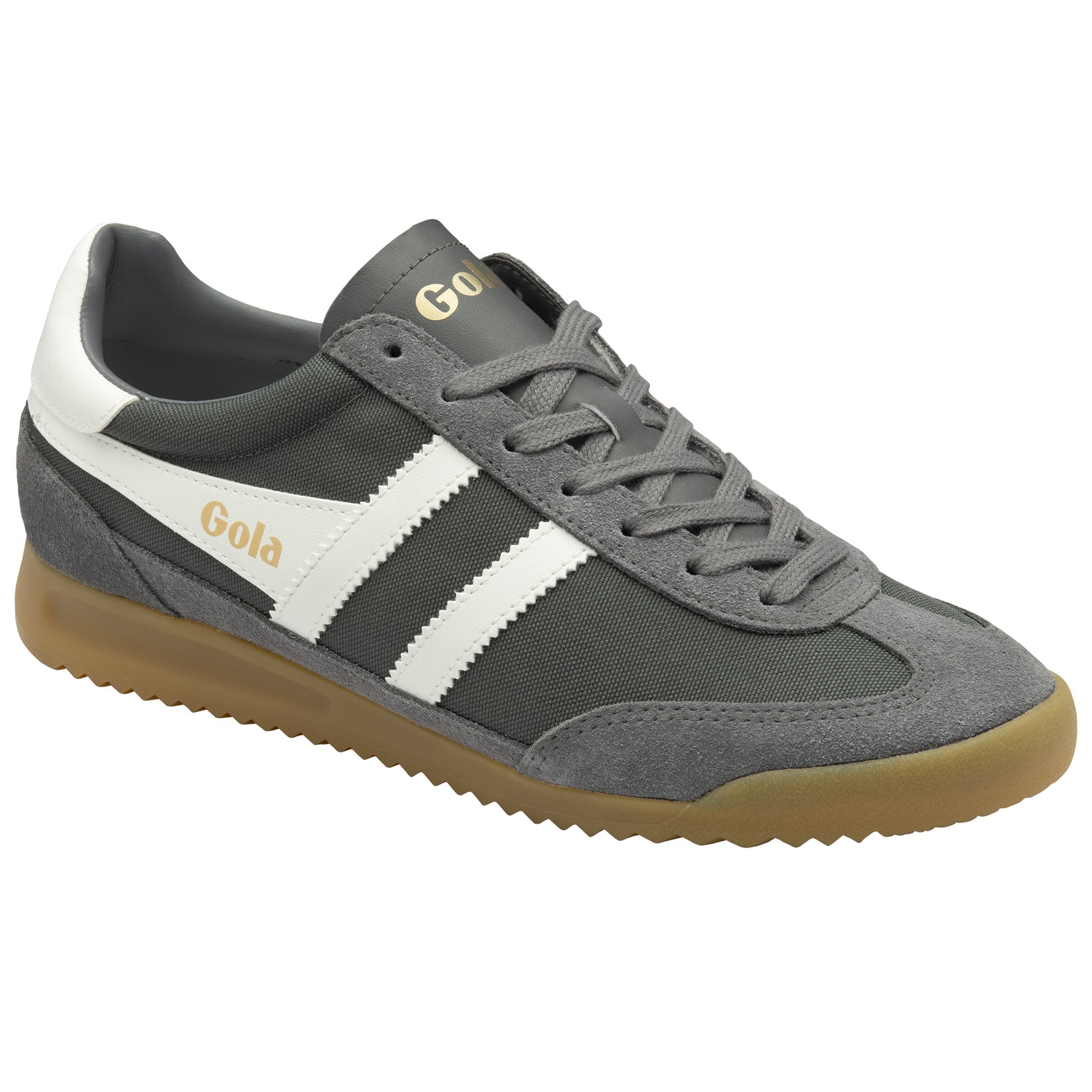 A single gray and white Gola trainer with a brown sole, angled to the right.