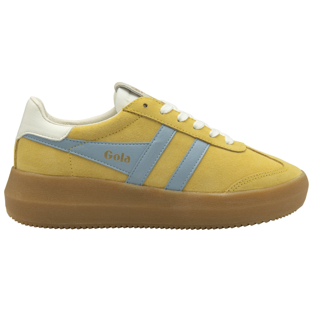 A mustard yellow Gola sneaker with light blue stripes and a gum sole, viewed from the side.