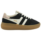 A single Gola women's shoe in black suede with white stripes and a tan sole.