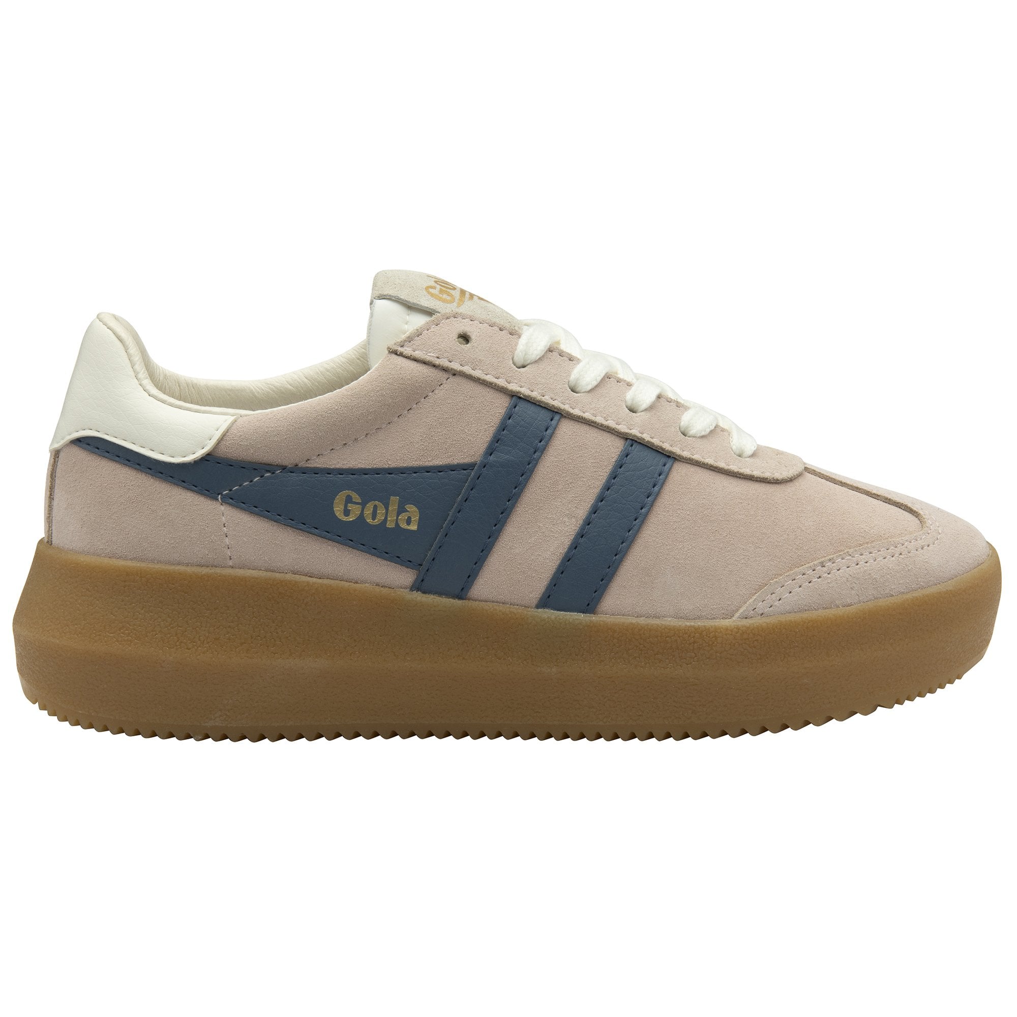 A single Gola women's Platform trainer in dusky rose with navy stripes on a white background.