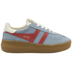 A sky blue Gola Elan sneaker with red stripes and a gum sole from the side.