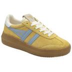 A mustard yellow Gola sneaker with light blue stripes and a gum sole, viewed from an angle.