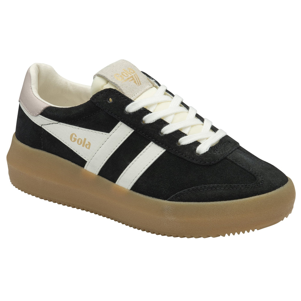 A single Gola women's shoe in black suede with white stripes and a tan sole at an angle.