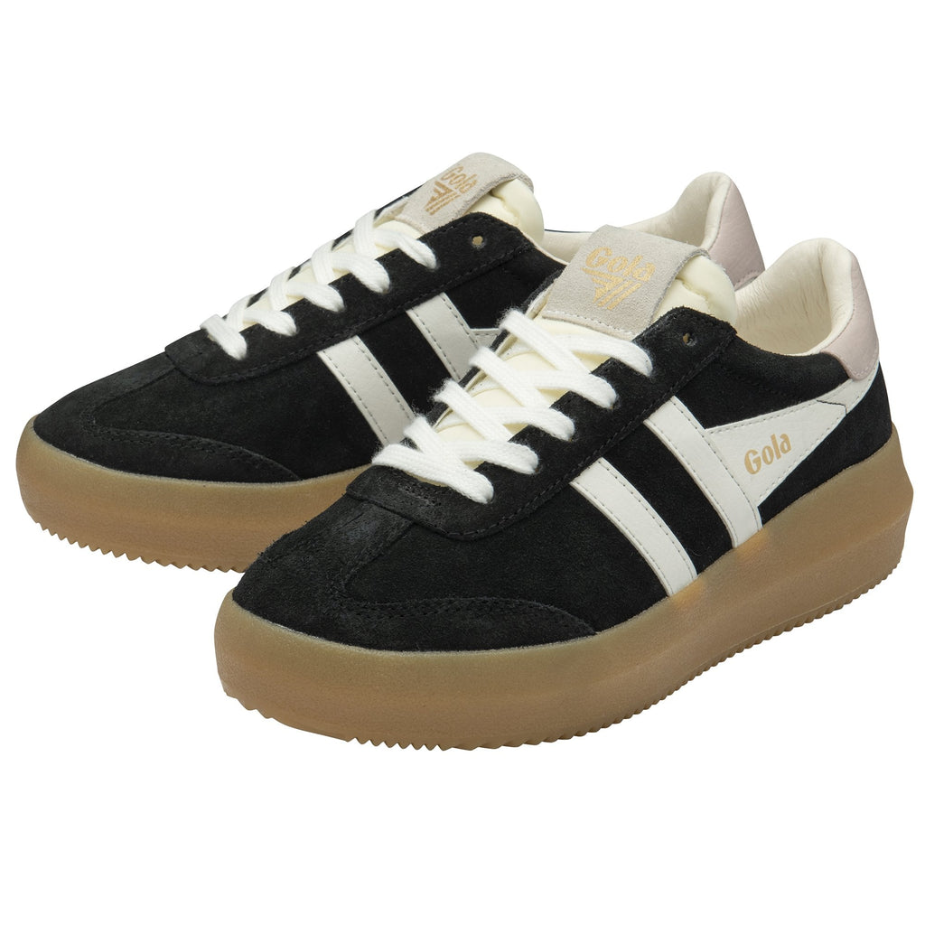 A pair of Gola women's shoes in black suede with white stripes and tan soles.