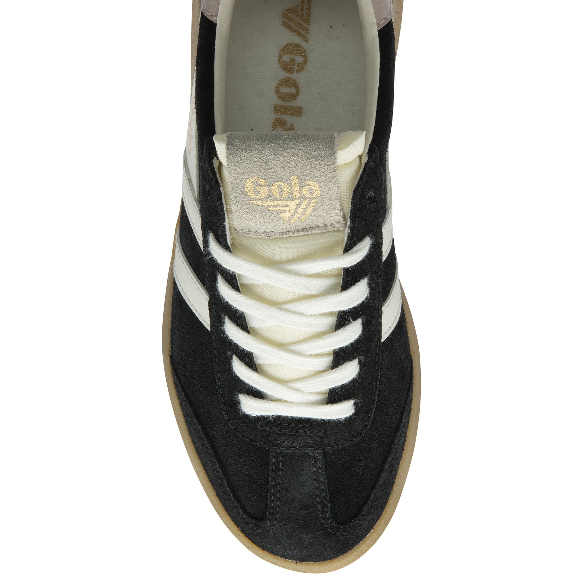 A Gola women's shoe in black suede with white stripes and tan sole from a top-down view.