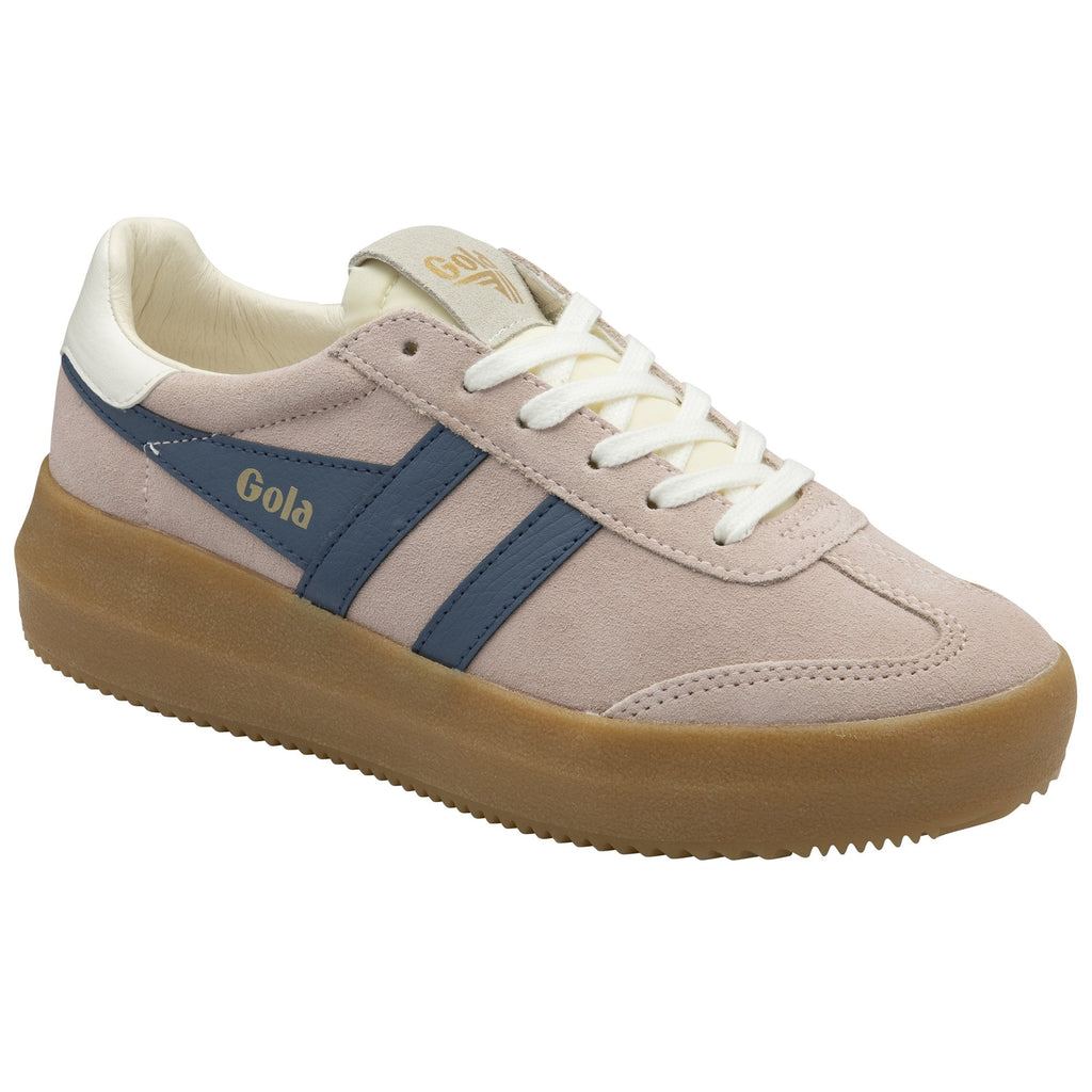 A single Gola women's Platform trainer in dusky rose with navy stripes positioned right.