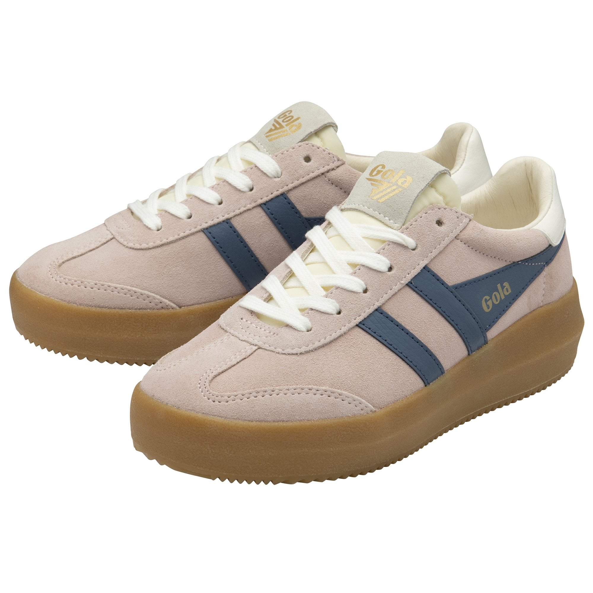 A pair of Gola women's Platform trainers in dusky rose with navy stripes.