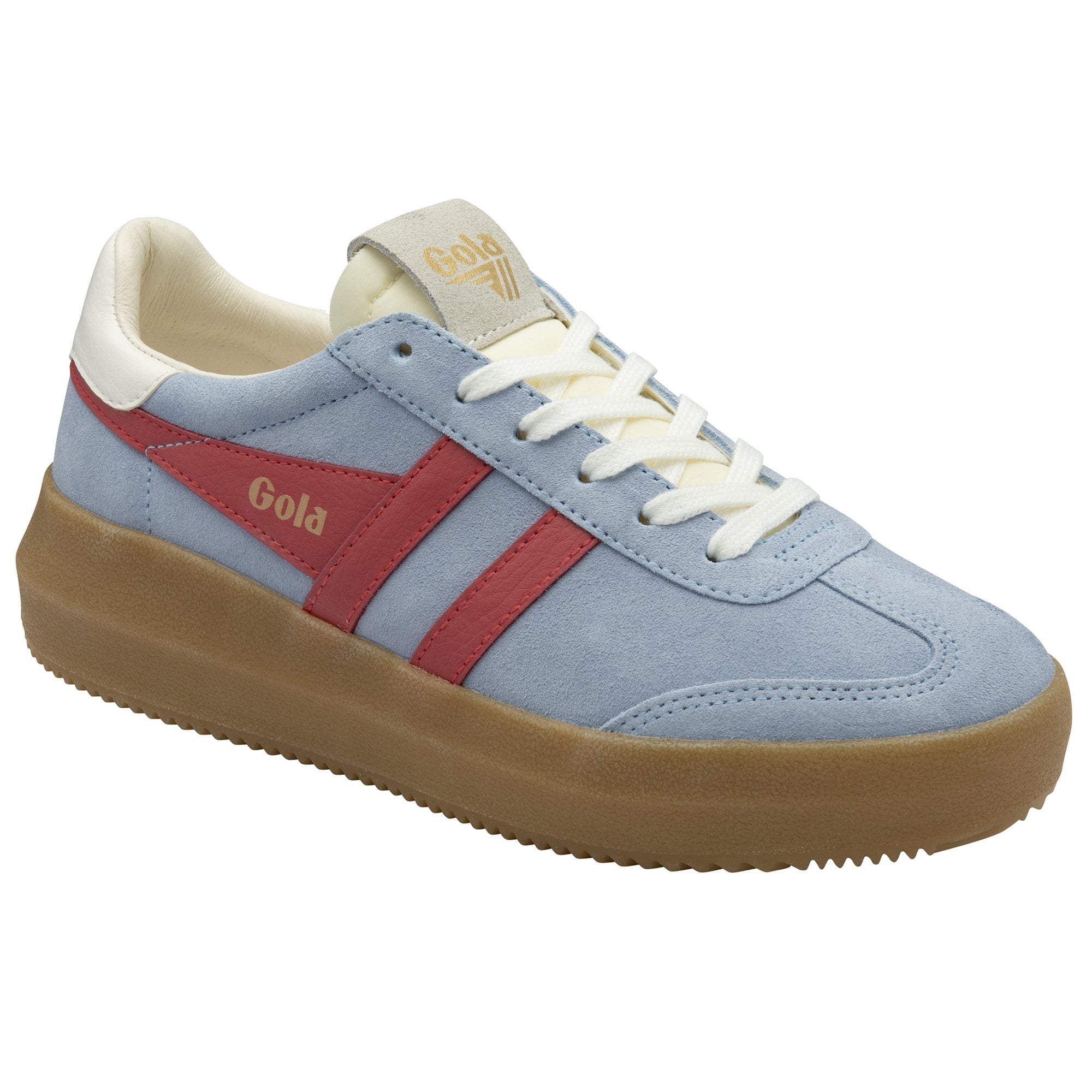 A left sky blue Gola Elan sneaker with red stripes and a gum sole from the side.