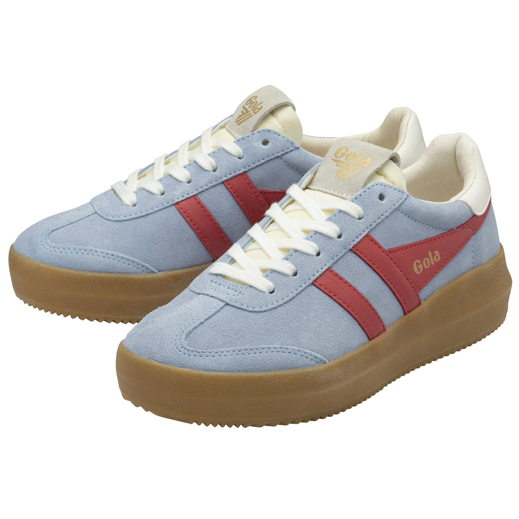 A pair of sky blue Gola Elan sneakers with red stripes and gum soles from an angle.