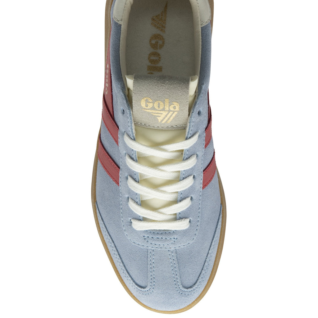 The top-down view of a sky blue Gola Elan sneaker with red stripes and a gum sole.