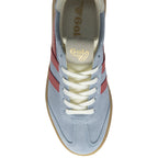 The top-down view of a sky blue Gola Elan sneaker with red stripes and a gum sole.