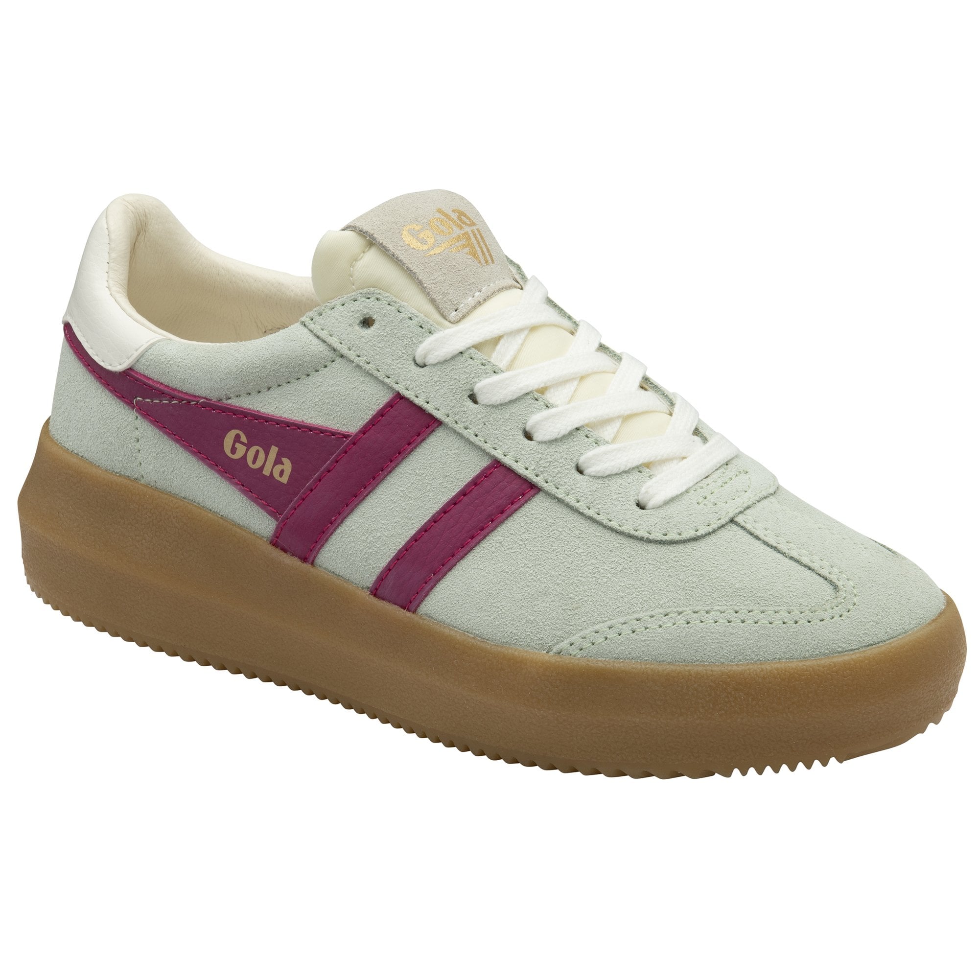 A single Gola low-top sneaker, light gray with two magenta stripes and a brown sole.