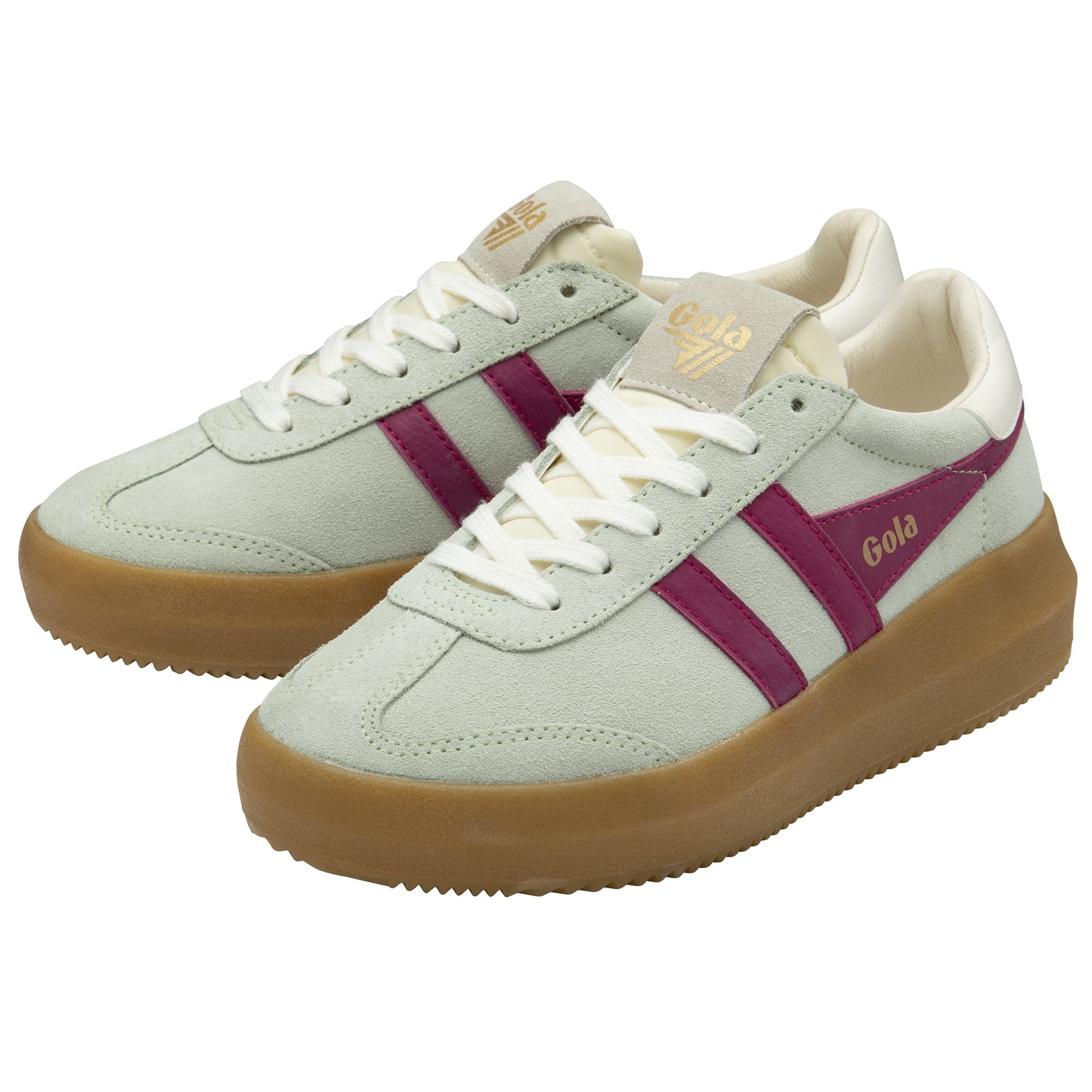 A pair of Gola low-top sneakers, light gray with two magenta stripes and a brown sole.