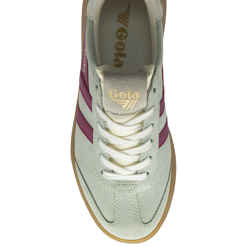 An overhead view of a single Gola sneaker, light gray with magenta stripes and a brown sole.