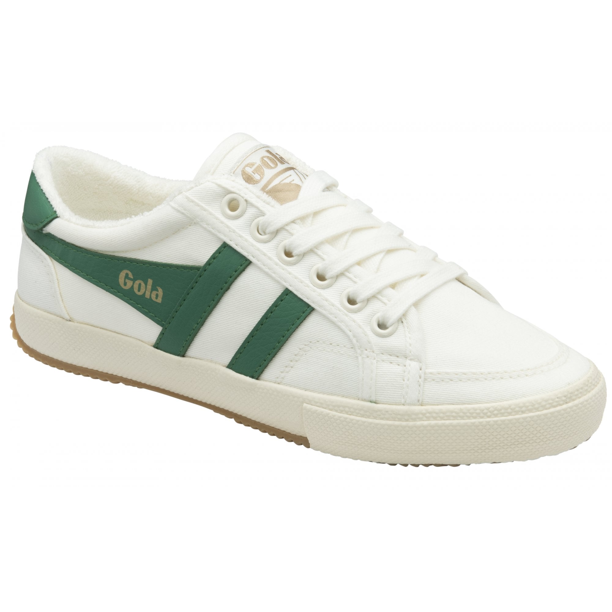 A left white Gola sneaker with green stripes, viewed from the side.