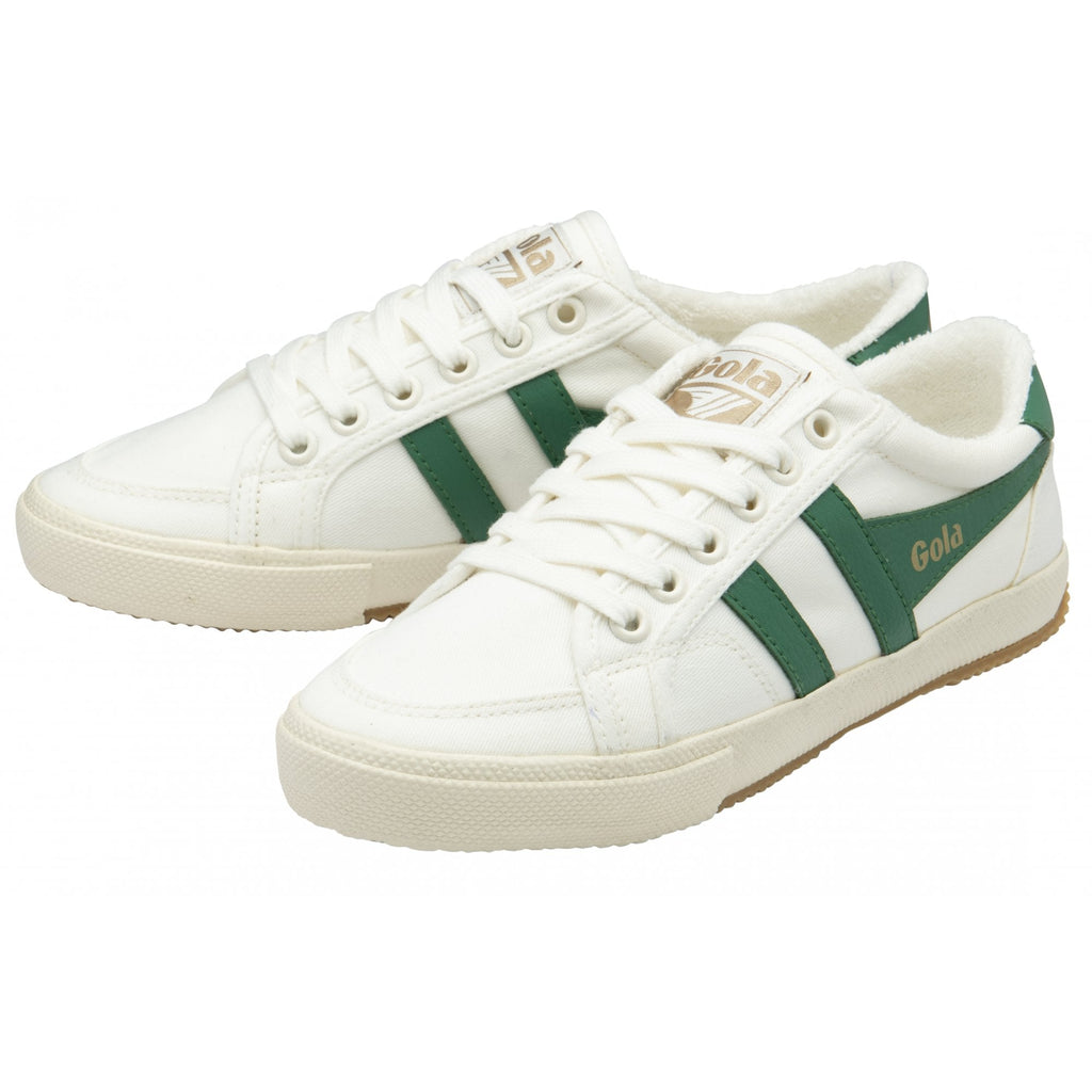 A pair of white Gola sneakers with green stripes.