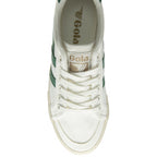 A white Gola sneaker with green stripes, viewed from above.