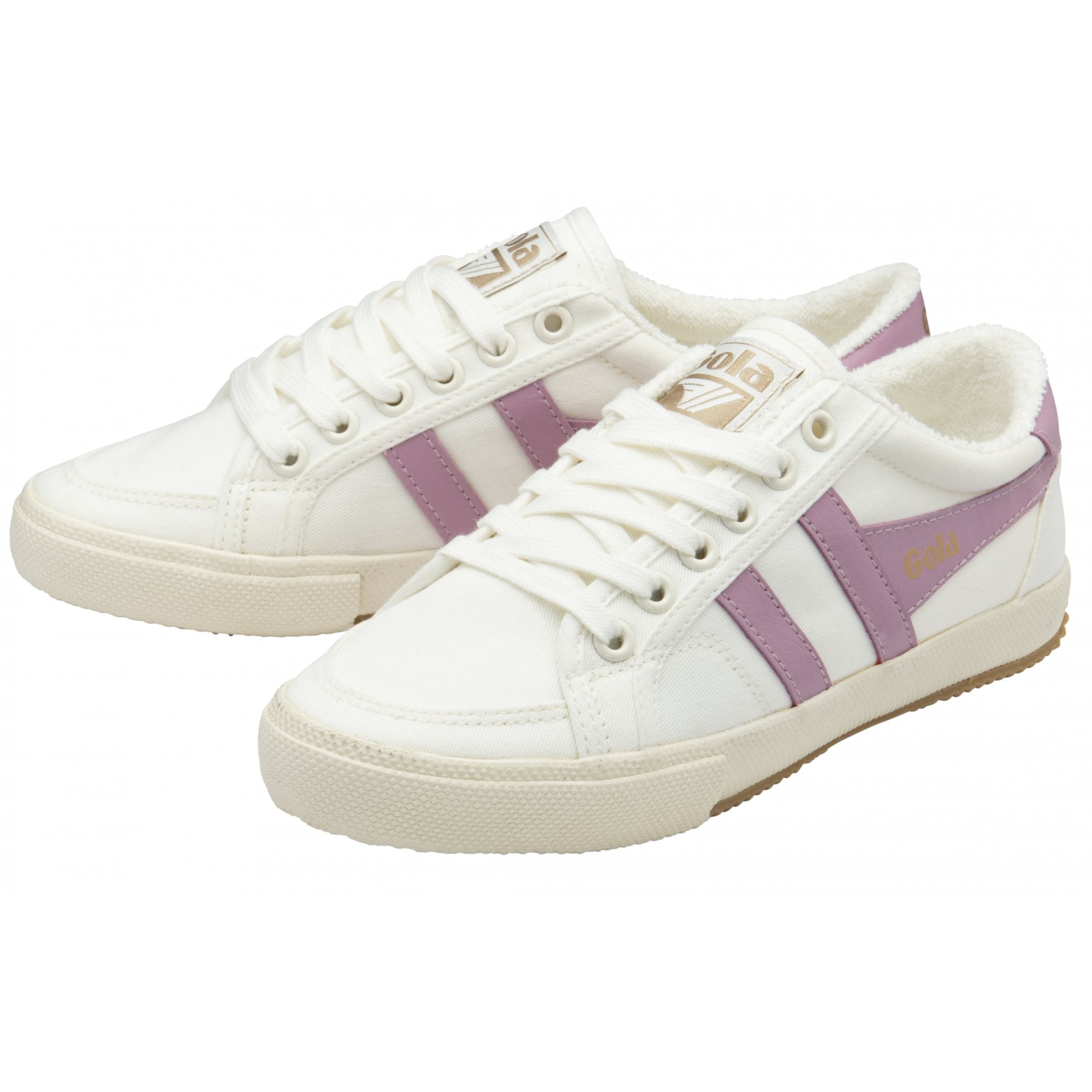 A pair of white canvas sneakers with purple stripes, positioned slightly offset from each other.
