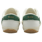 A pair of white Gola sneakers with green heels, viewed from the back.