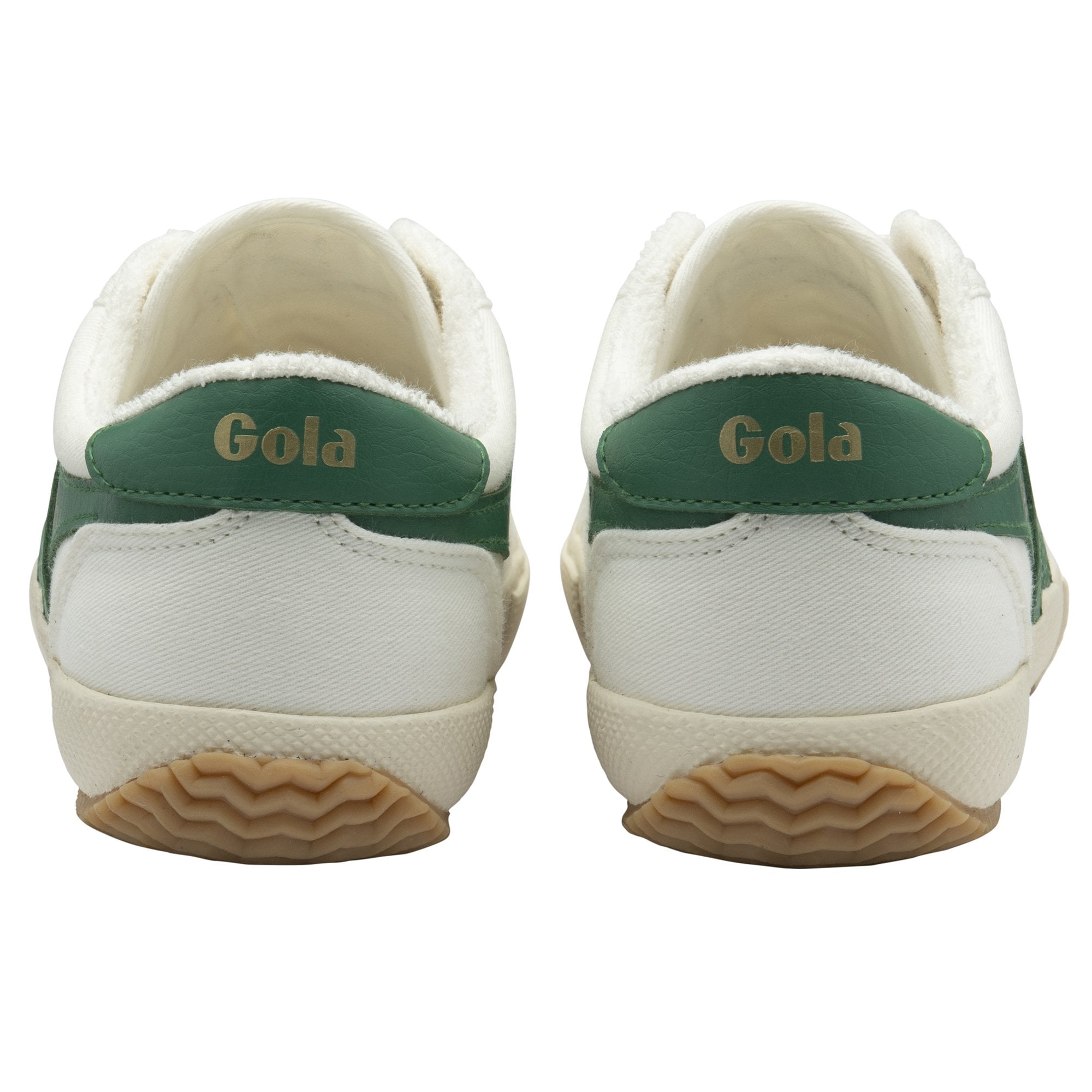 A pair of white Gola sneakers with green heels, viewed from the back.
