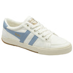 A white Gola women's shoe with blue stripes and a gum sole, angled to the left.