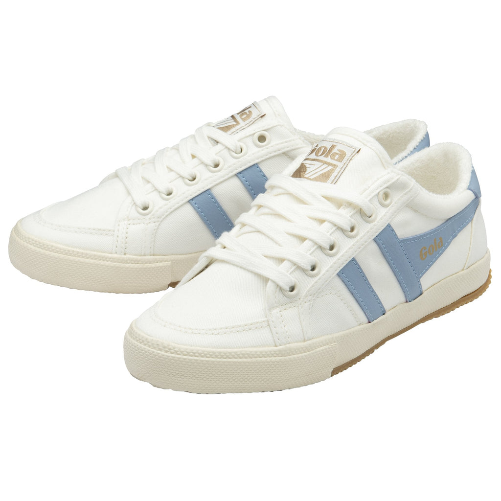 A pair of white Gola women's shoes with blue stripes and gum soles.