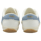 The back view of a pair of white Gola women's shoes with blue accents and gum soles.
