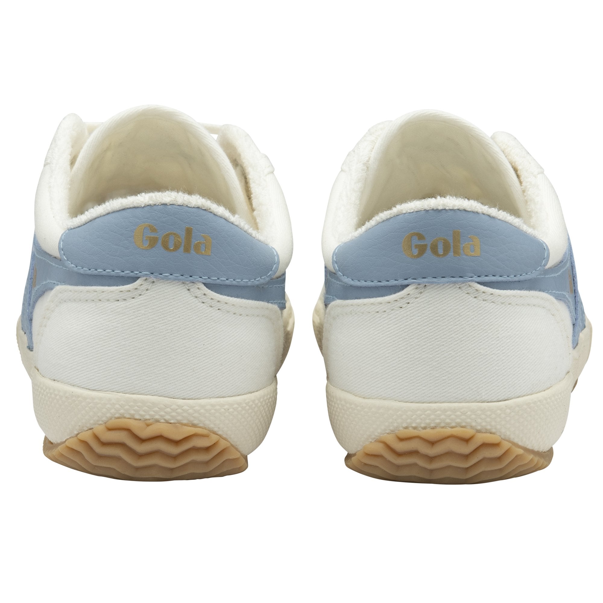 The back view of a pair of white Gola women's shoes with blue accents and gum soles.