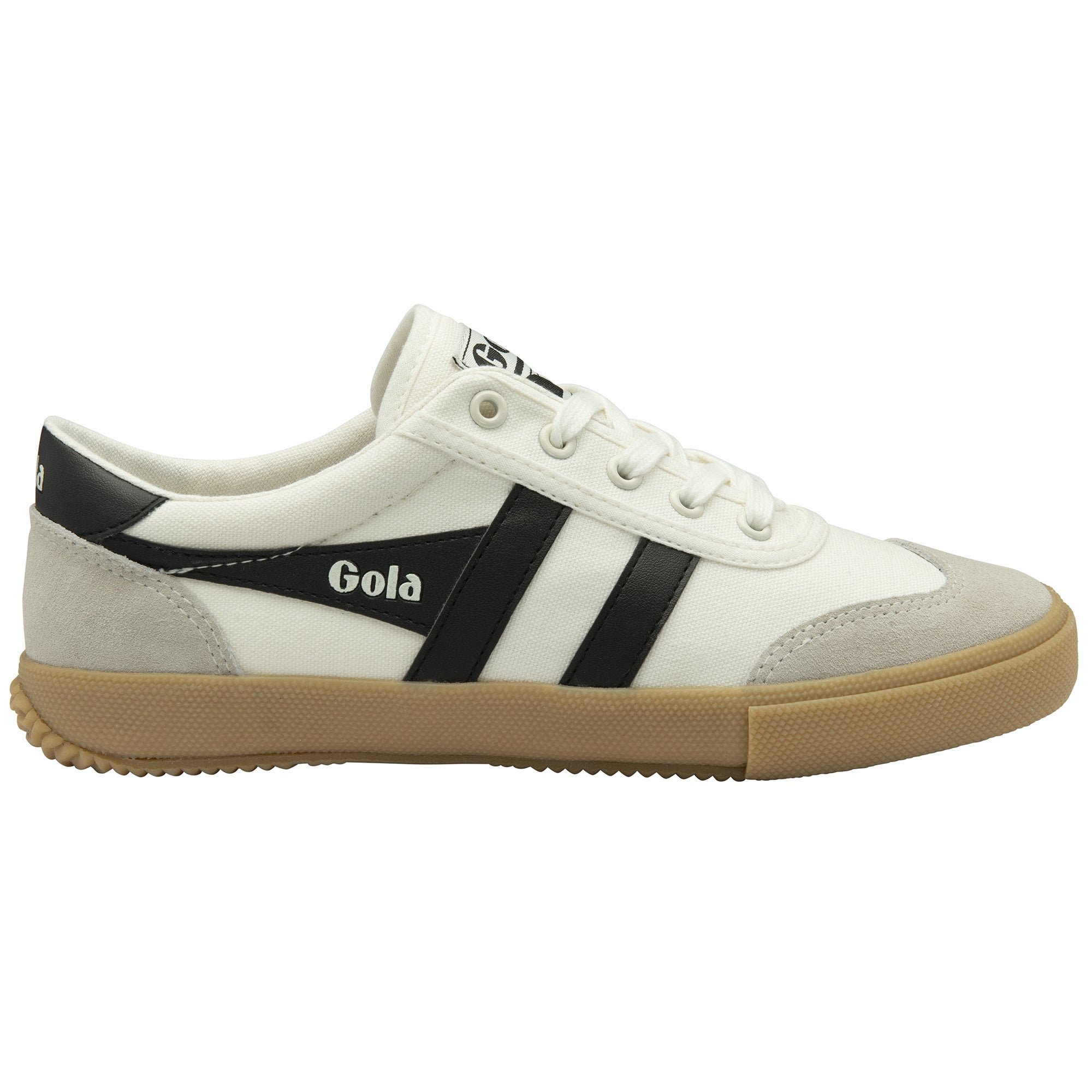 Side view of a white Gola sneaker with black stripes and a gum sole.