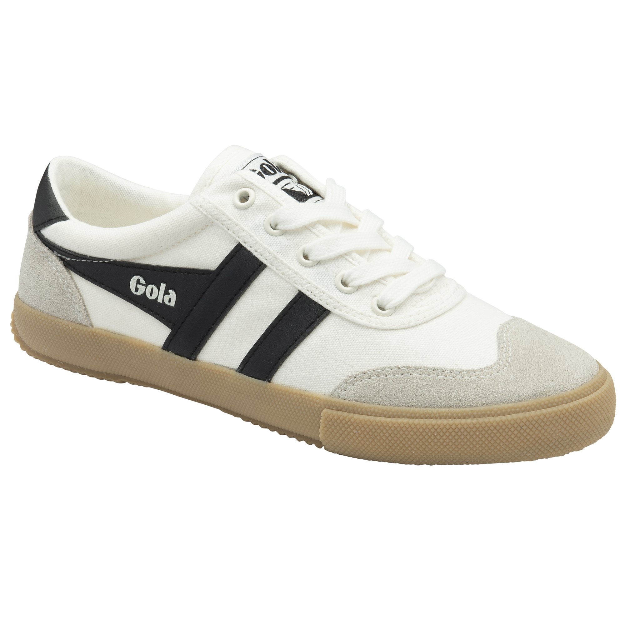 Slightly angled side view of a white Gola sneaker with black stripes and a gum sole.