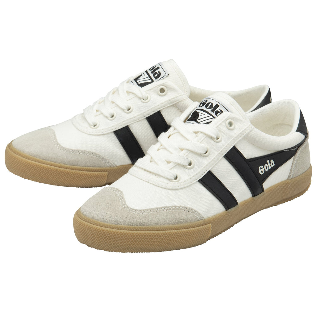 Pair of white Gola sneakers with black stripes and gum soles, angled for display.