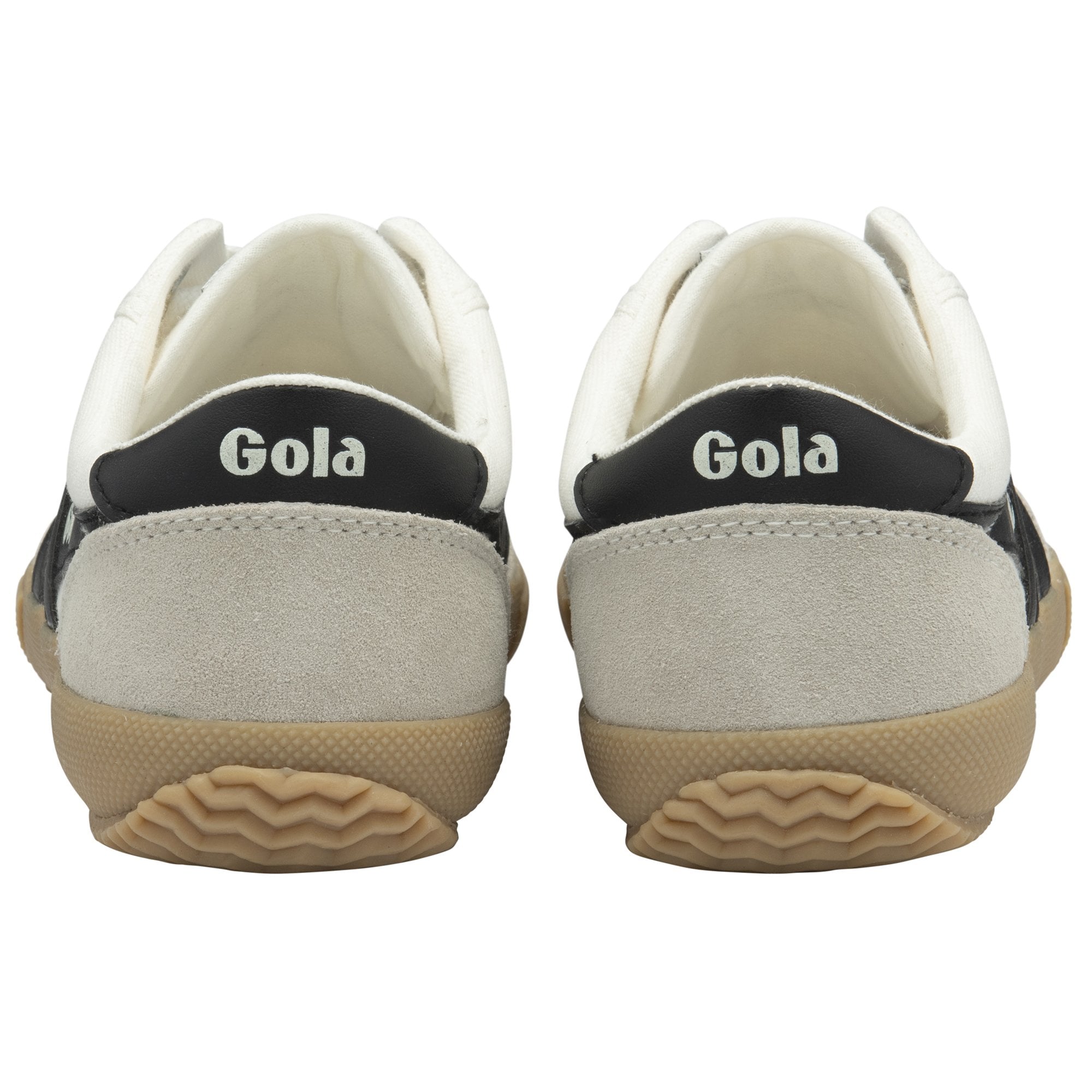 Rear view of two Gola sneakers showing the black heel tab with logo and gum soles.