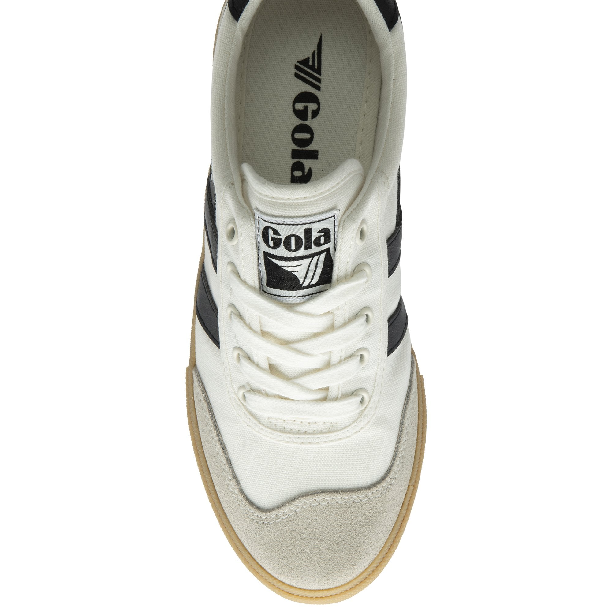 Top-down view of a white Gola sneaker with black stripes, laces, and a gum sole.