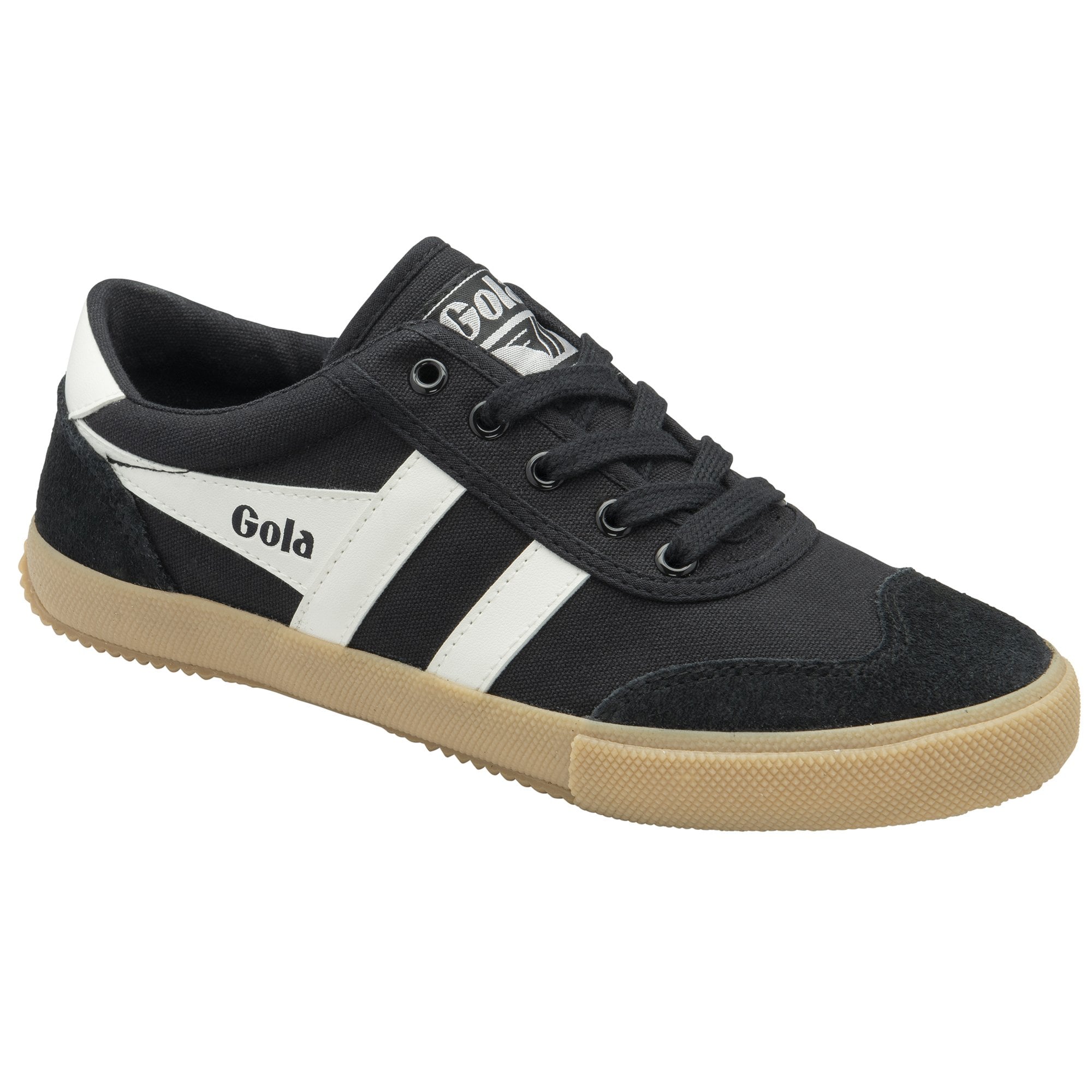 A black Gola trainer with white stripes on a white background.