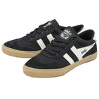 A pair of Gola trainers with black uppers, white stripes, and gum soles.