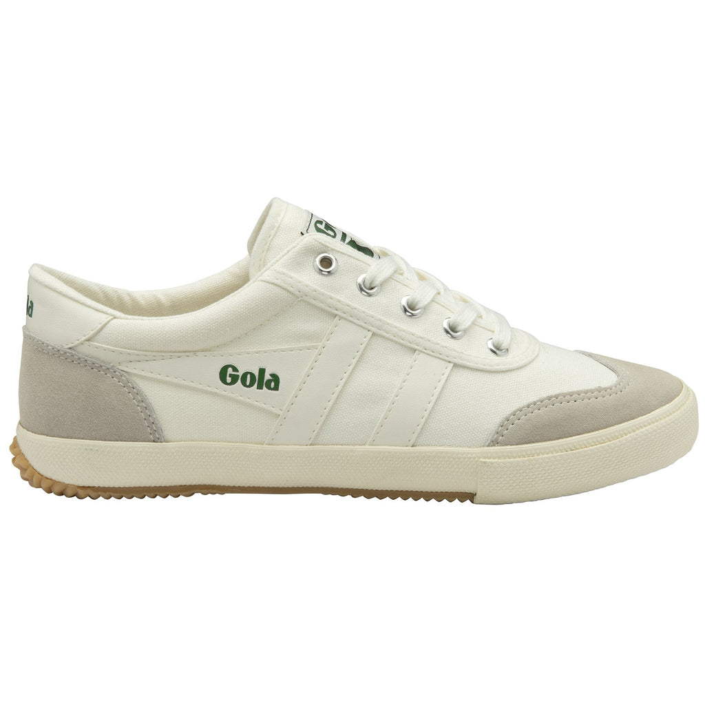 A close-up view of the right Gola women's casual shoe, made of white canvas with beige suede.