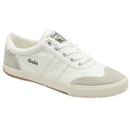 A close-up view of the left Gola women's casual shoe, made of white canvas with beige suede.