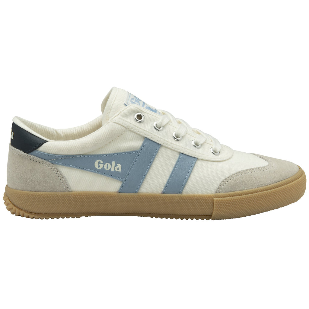 A white Gola sneaker with light blue stripes and a gum sole, viewed from the side.