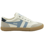 A white Gola sneaker with light blue stripes and a gum sole, viewed from the side.