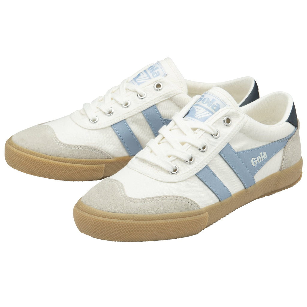 A pair of white Gola sneakers with light blue stripes and gum soles.