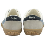 The rear view of a pair of white Gola sneakers, highlighting the dark blue heel tabs.