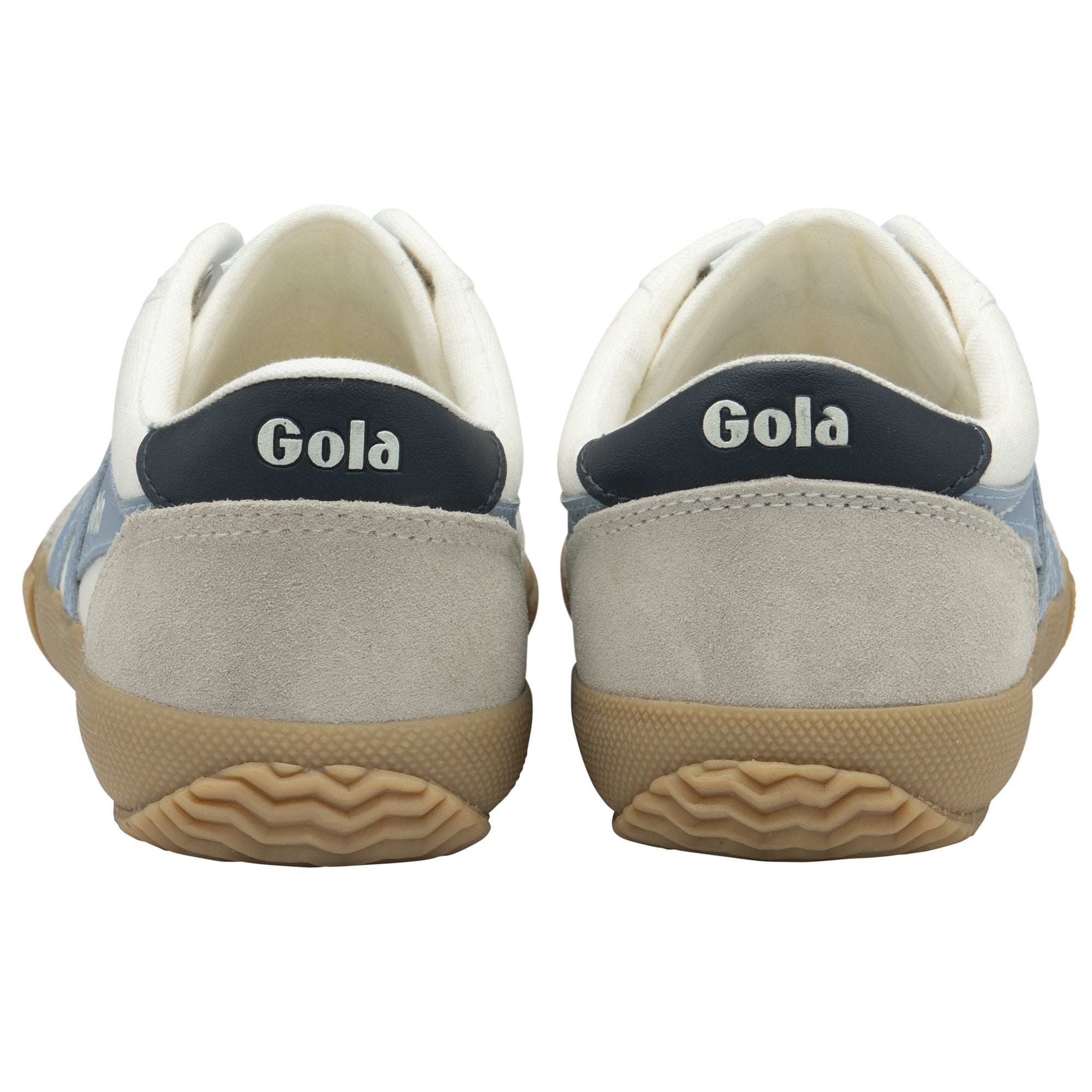 The rear view of a pair of white Gola sneakers, highlighting the dark blue heel tabs.
