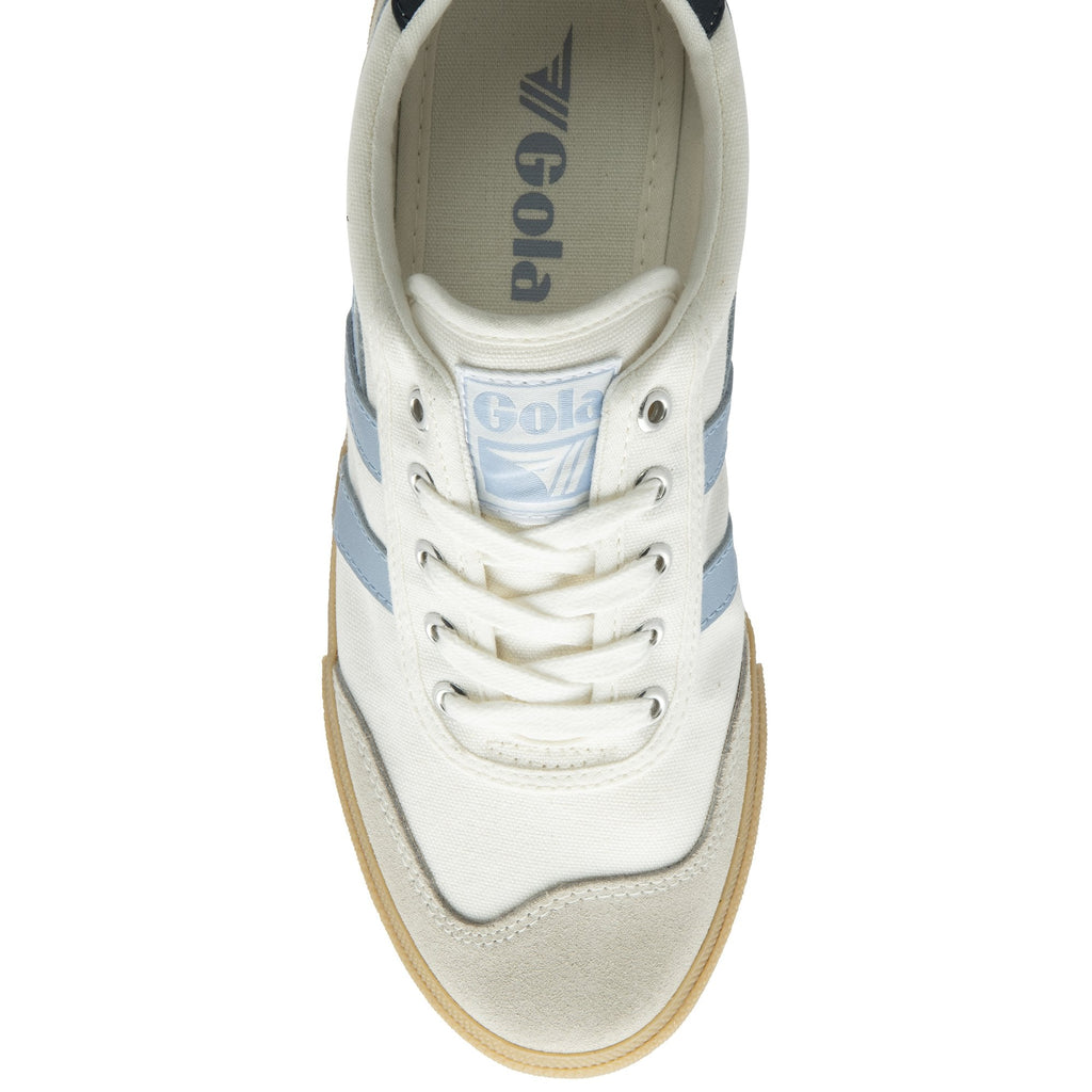 A top-down view of a white Gola sneaker with light blue stripes and a gum sole.