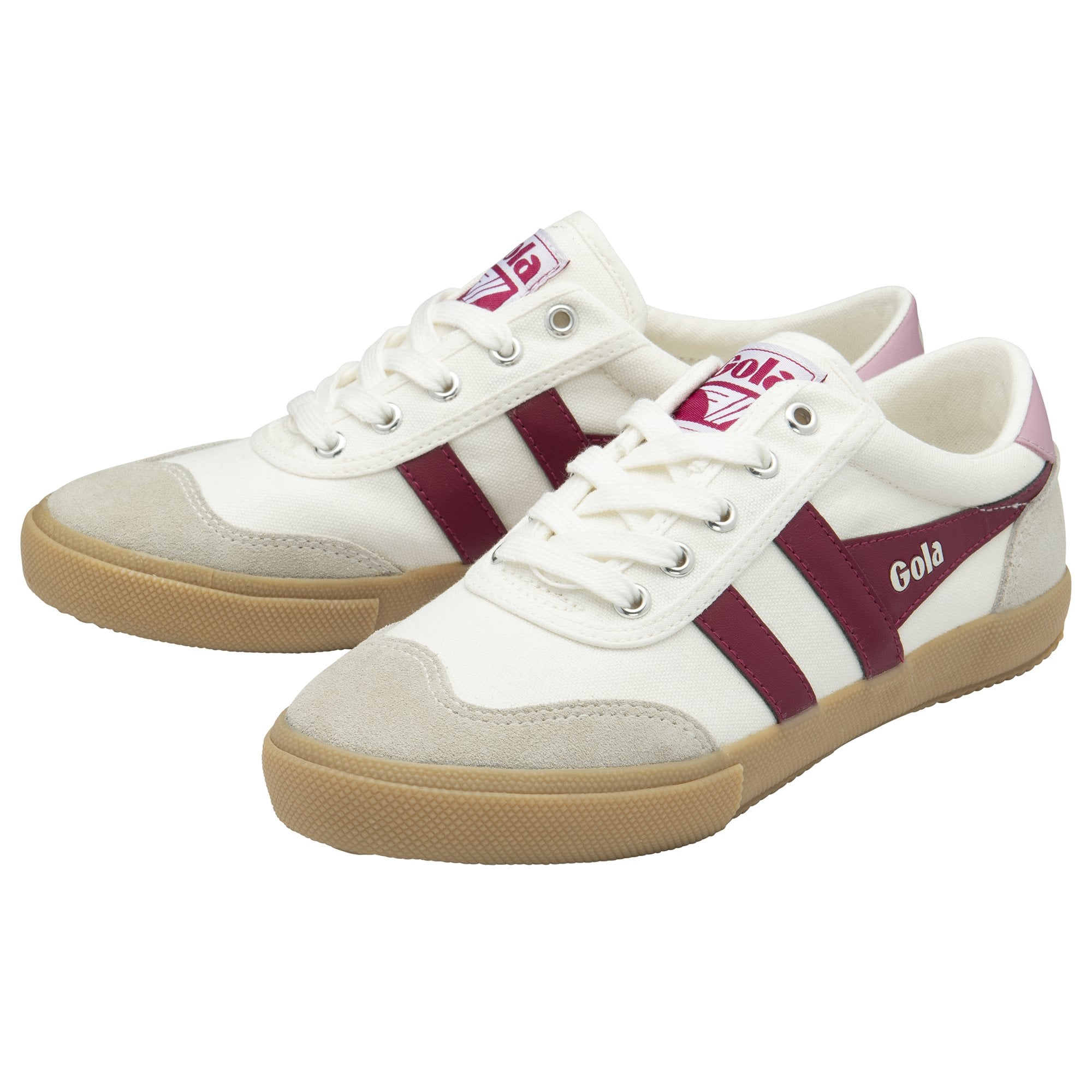 A pair of white and burgundy Gola Coaster sneakers.