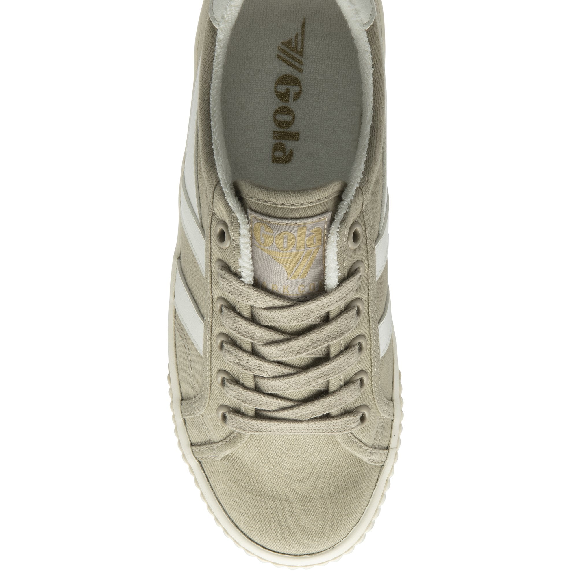 Top-down view of a single Gola women's Baseline Mark Cox sneaker in light taupe with white.