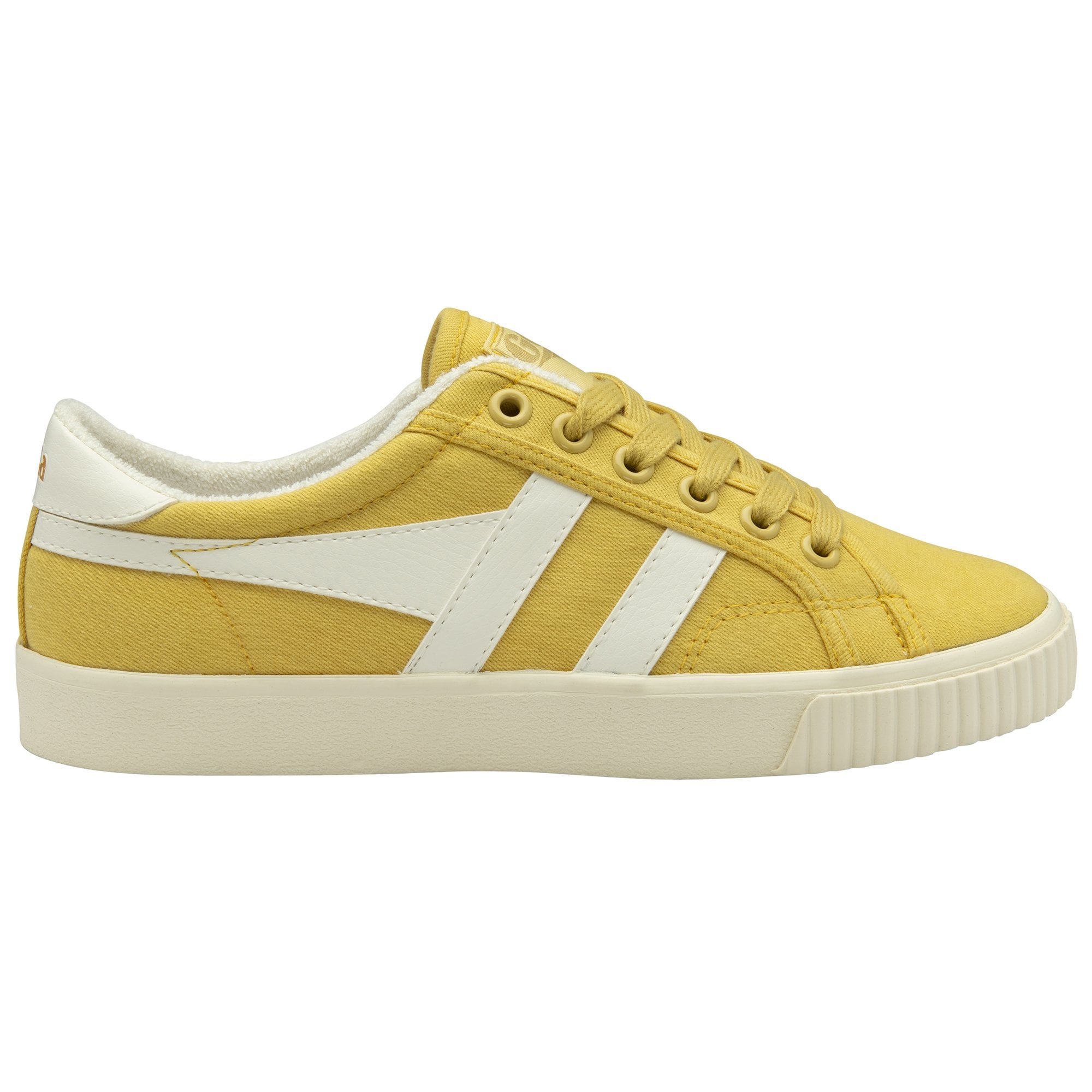 Side profile of a Gola women's casual trainer in sunshine yellow with white stripes.