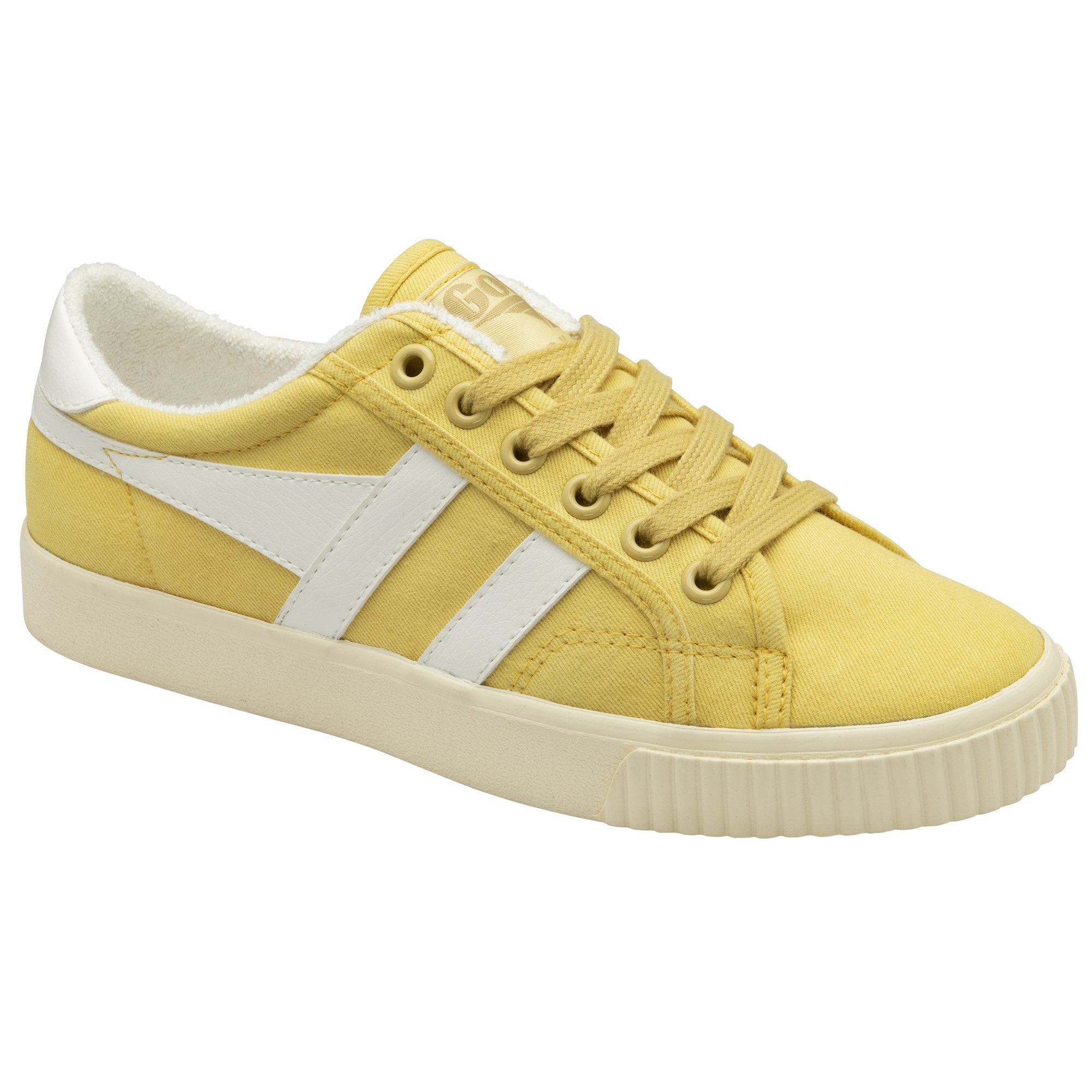 Three-quarter side profile of a Gola women's casual trainer in sunshine yellow with white stripes.