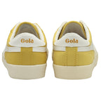 Back profile of a pair of Gola women's casual trainers in sunshine yellow with white stripes.